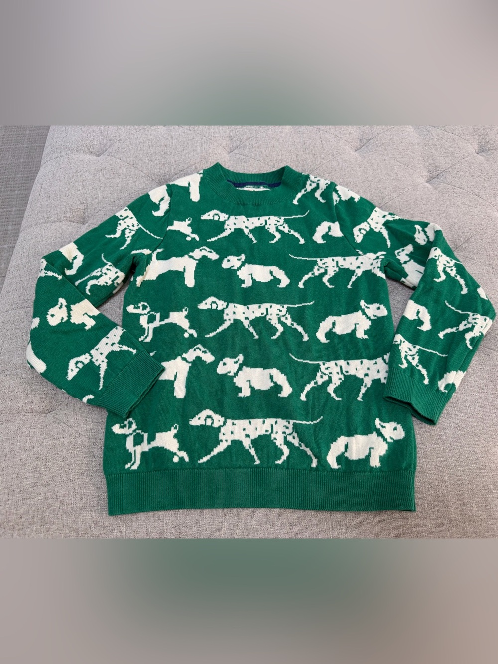 EUC GIRLS, MINI BODEN DOG SWEATER, 100% COTTON KNIT, GREEN AND WHITE FRENCHIE